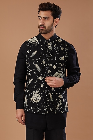 Black Matka Silk Hand Embroidered Nehru Jacket by HEER RANJHA