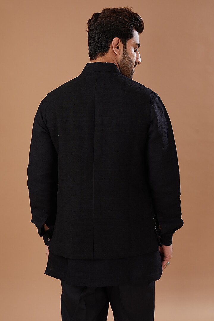 Black Matka Silk Hand Embroidered Nehru Jacket by HEER RANJHA at Pernia's Pop Up Shop