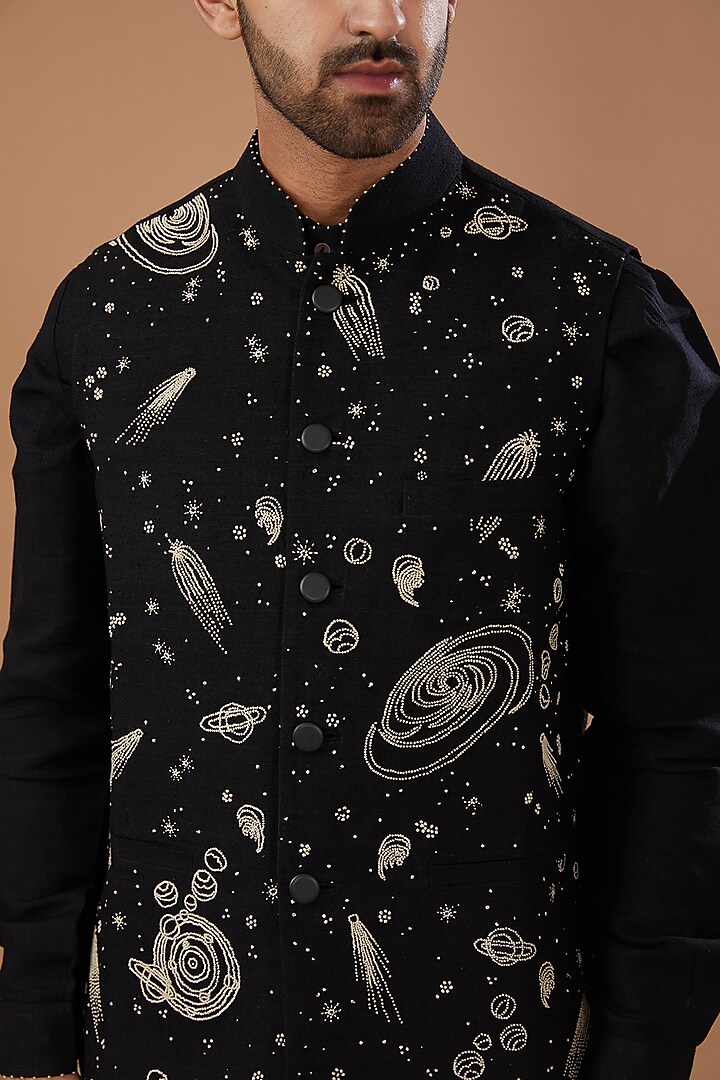 Black Matka Silk Hand Embroidered Nehru Jacket by HEER RANJHA at Pernia's Pop Up Shop