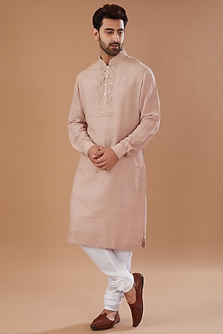 Dusty Pink Matka Silk Hand Embroidered Kurta Set by HEER RANJHA