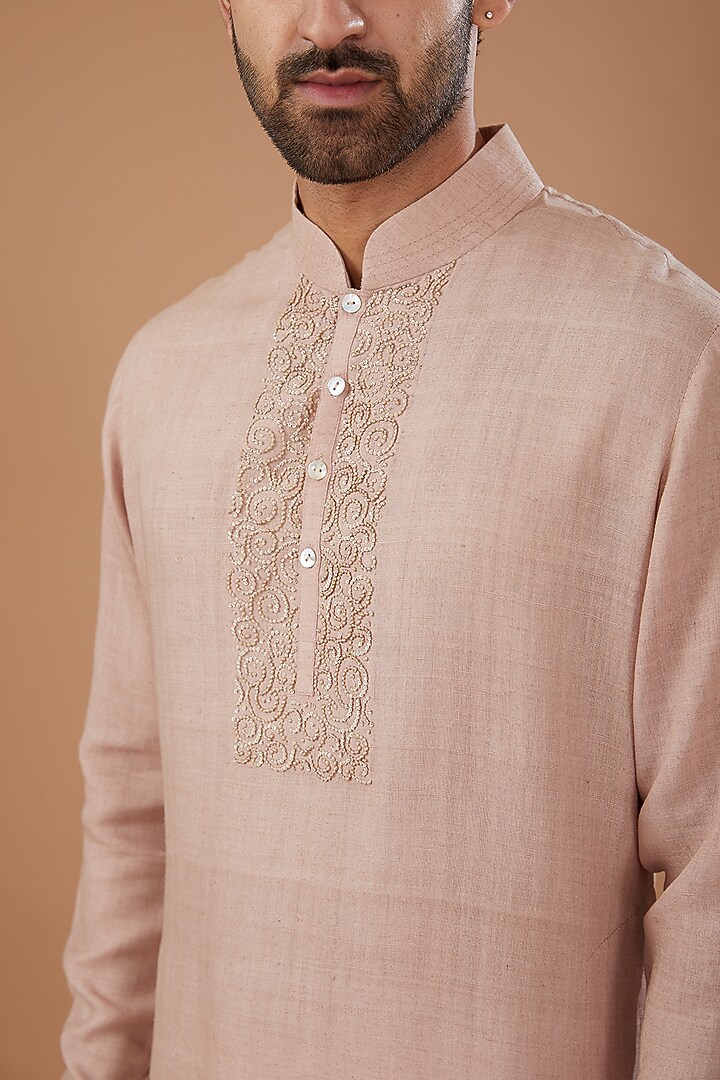 Dusty Pink Matka Silk Hand Embroidered Kurta Set by HEER RANJHA at Pernia's Pop Up Shop