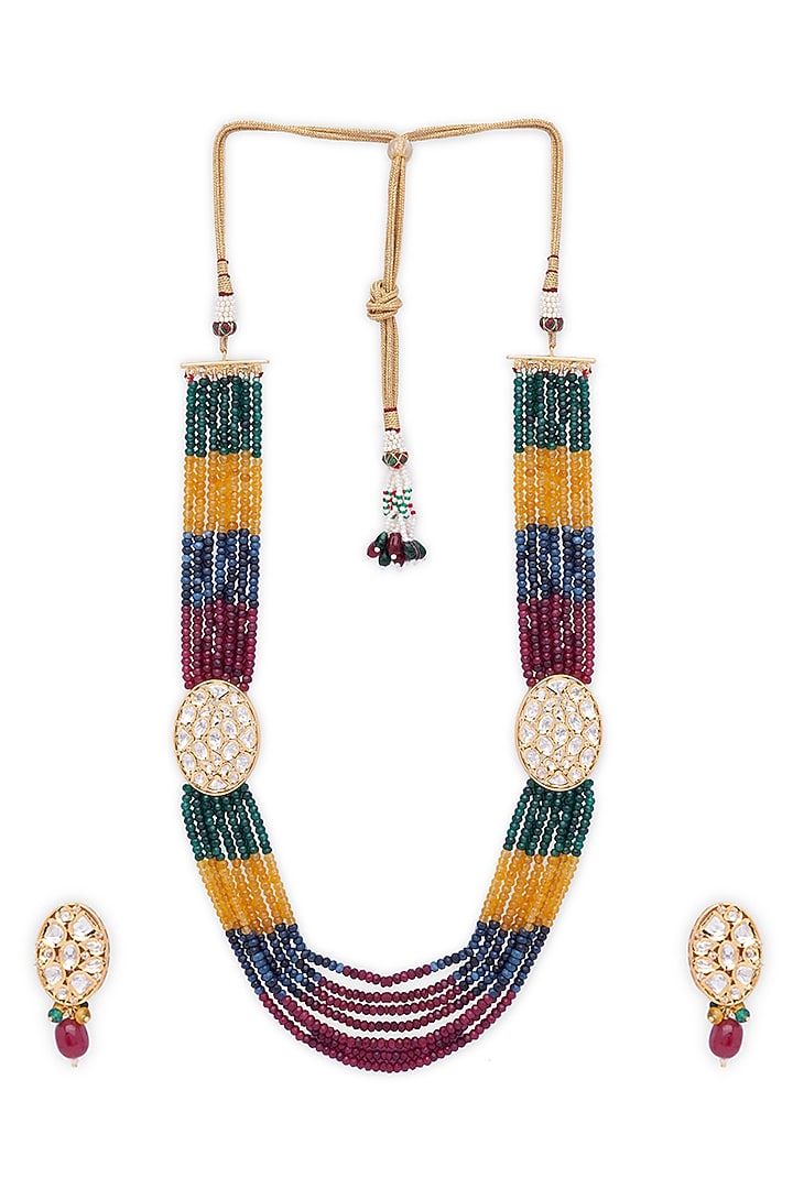 Gold Finish Multi-Colored Agate Necklace Set by Hrisha Jewels at Pernia's Pop Up Shop
