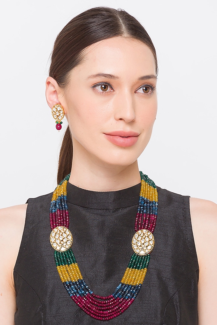 Gold Finish Multi-Colored Agate Necklace Set by Hrisha Jewels at Pernia's Pop Up Shop