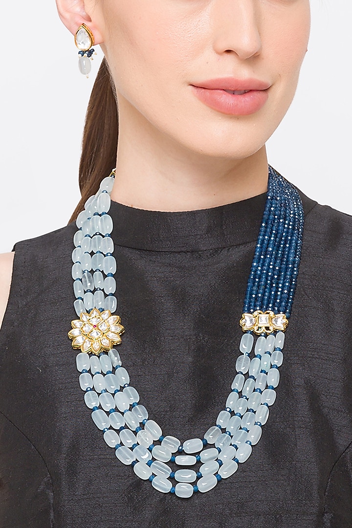 Gold Finish Sky Blue Handcrafted Necklace Set by Hrisha Jewels