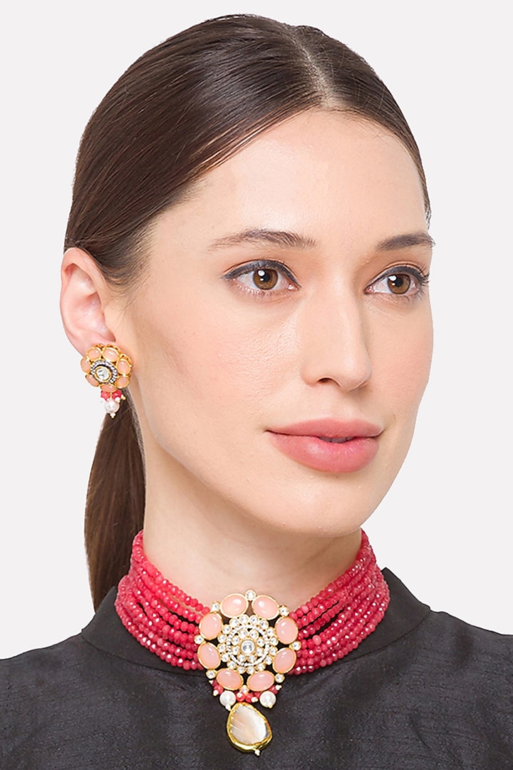 Gold Finish Coral Agate Handcrafted Necklace Set by Hrisha Jewels