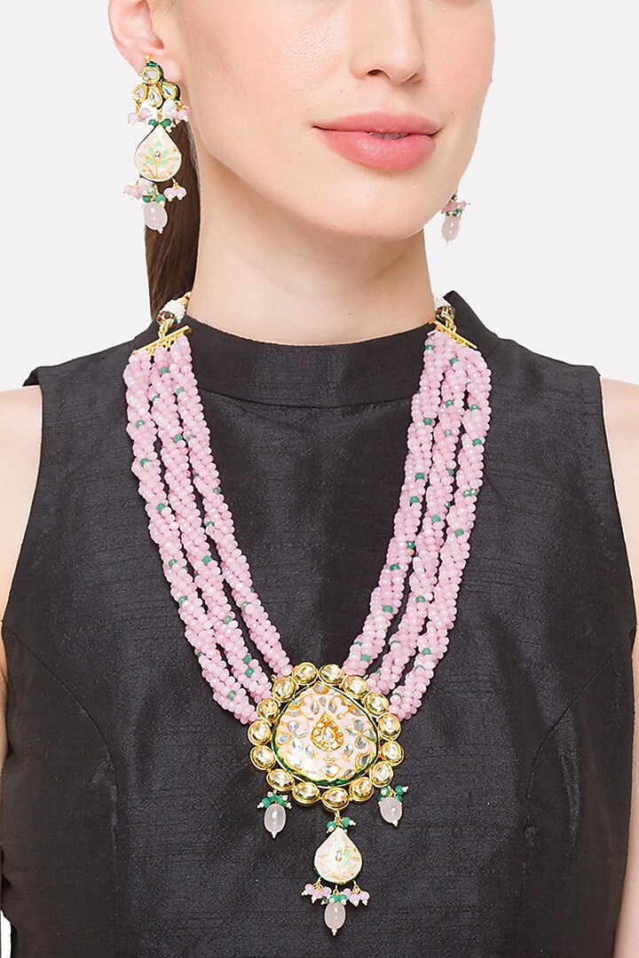 Two Tone Finish Baby Pink Agate Necklace Set by Hrisha Jewels