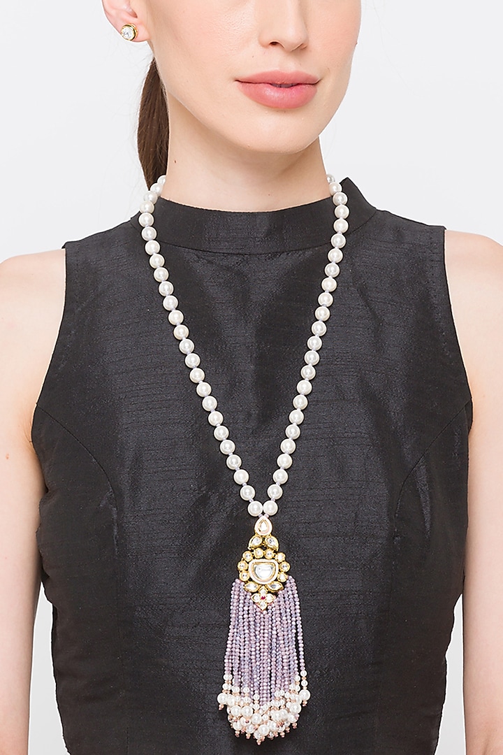 Gold Finish Lavender Agate Handcrafted Necklace Set by Hrisha Jewels