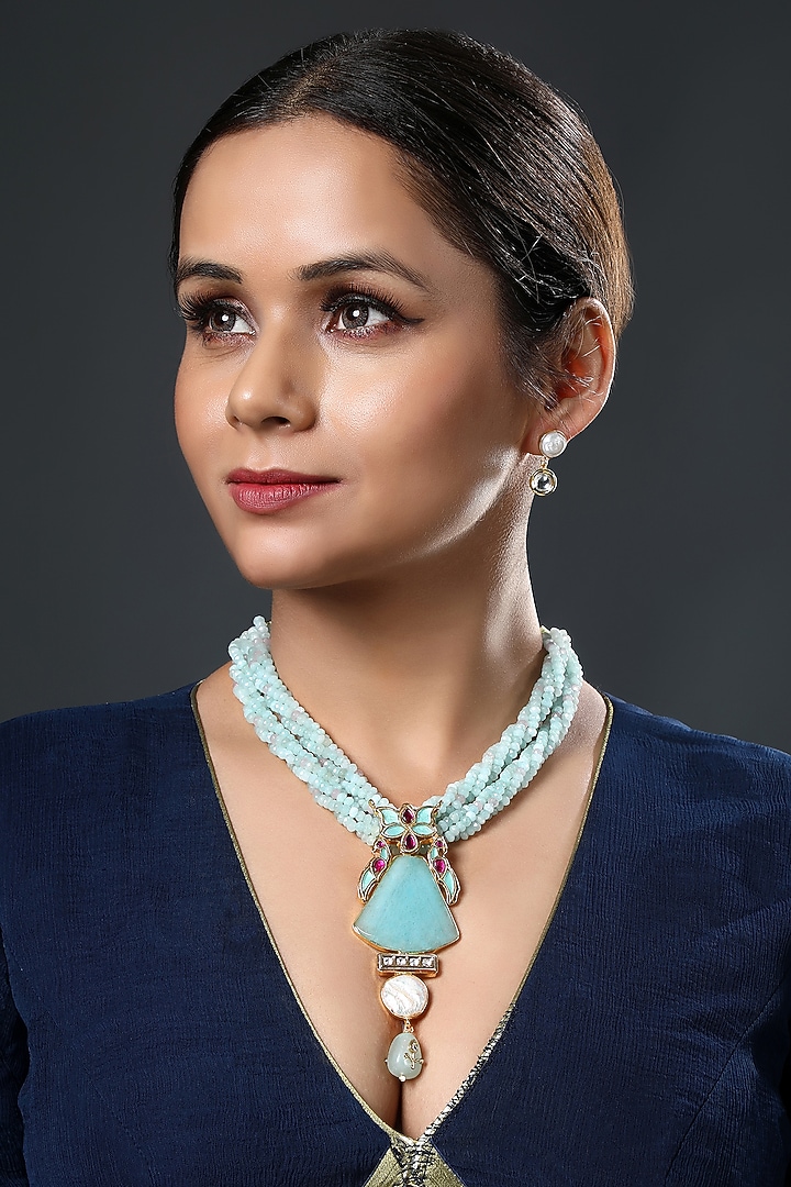 Gold Finish Kundan Polki & Aqua Agate Beaded Necklace Set by Hrisha Jewels at Pernia's Pop Up Shop