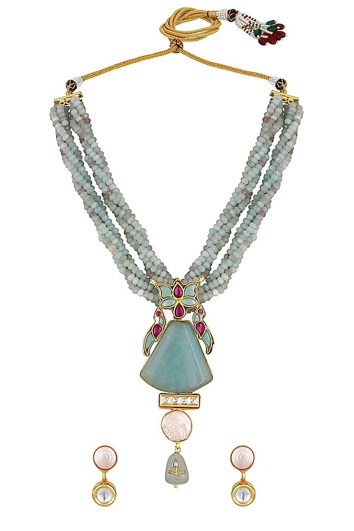 Gold Finish Kundan Polki & Aqua Agate Beaded Necklace Set by Hrisha Jewels at Pernia's Pop Up Shop