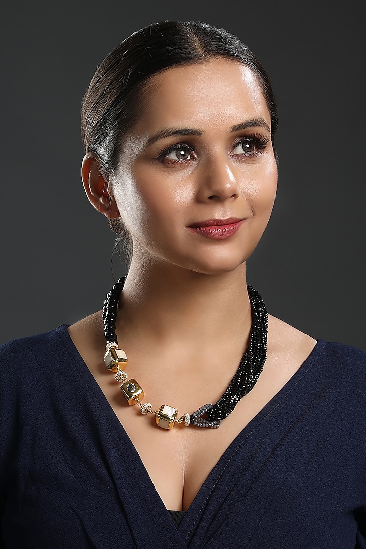 Gold Finish Kundan Polki & Black Agate Beaded Necklace by Hrisha Jewels