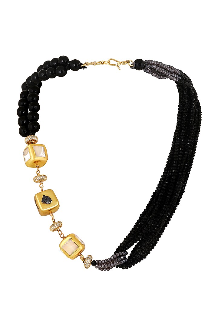 Gold Finish Kundan Polki & Black Agate Beaded Necklace by Hrisha Jewels at Pernia's Pop Up Shop