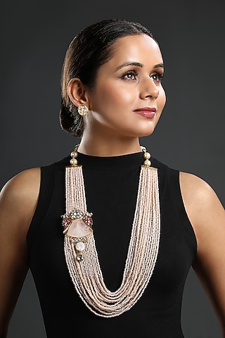 Gold Finish Kundan Polki & Agate Beaded Long Necklace Set by Hrisha Jewels