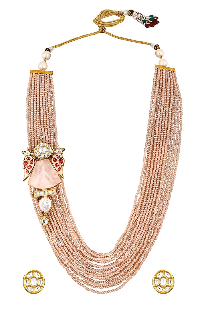 Gold Finish Kundan Polki & Agate Beaded Long Necklace Set by Hrisha Jewels at Pernia's Pop Up Shop