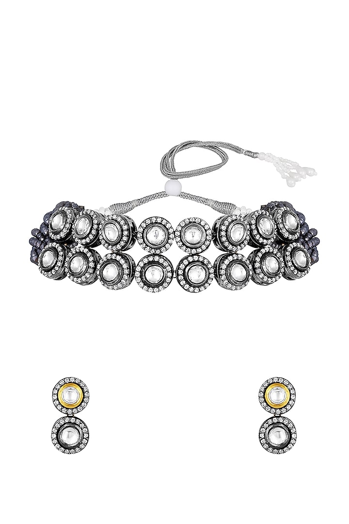 Black Rhodium Finish Kundan Polki & Zircon Choker Necklace Set by Hrisha Jewels at Pernia's Pop Up Shop