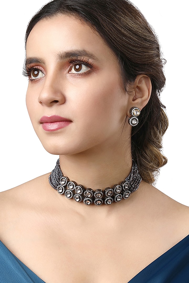 Black Rhodium Finish Kundan Polki & Zircon Choker Necklace Set by Hrisha Jewels at Pernia's Pop Up Shop