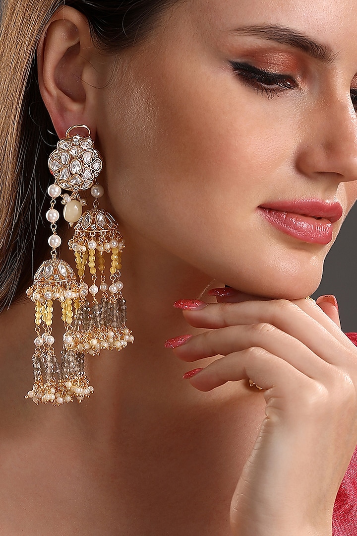 Micro Gold Finish Kundan Polki & Agate Dangler Earrings by Hrisha Jewels