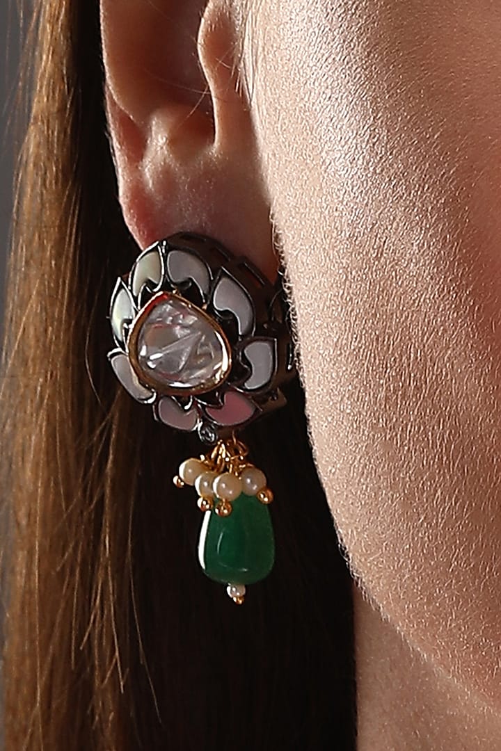 Two-Tone Finish Kundan Polki & Agate Dangler Earrings by Hrisha Jewels