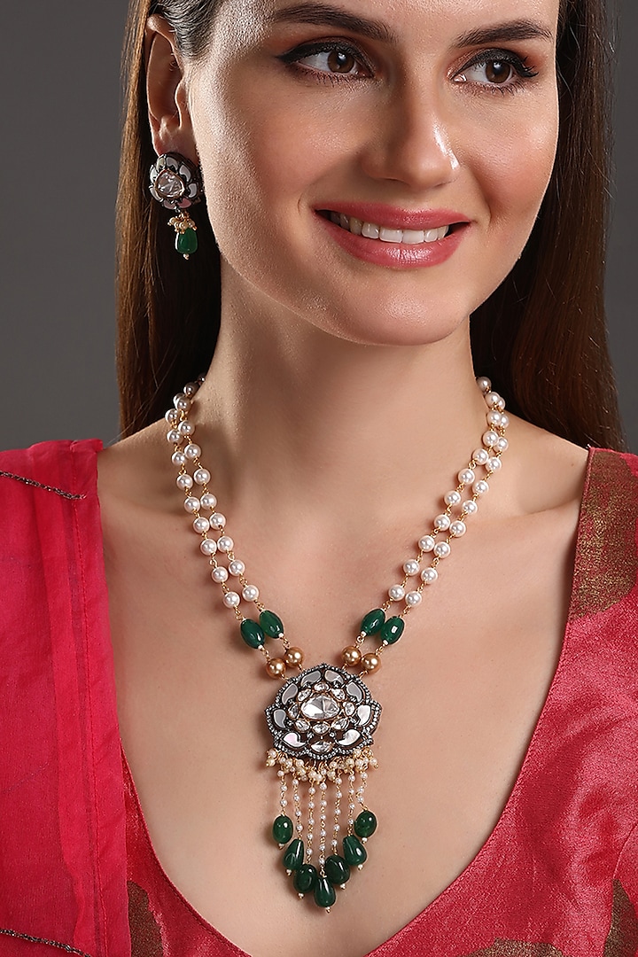 Two-Tone Finish Kundan Polki & Agate Long Necklace Set by Hrisha Jewels