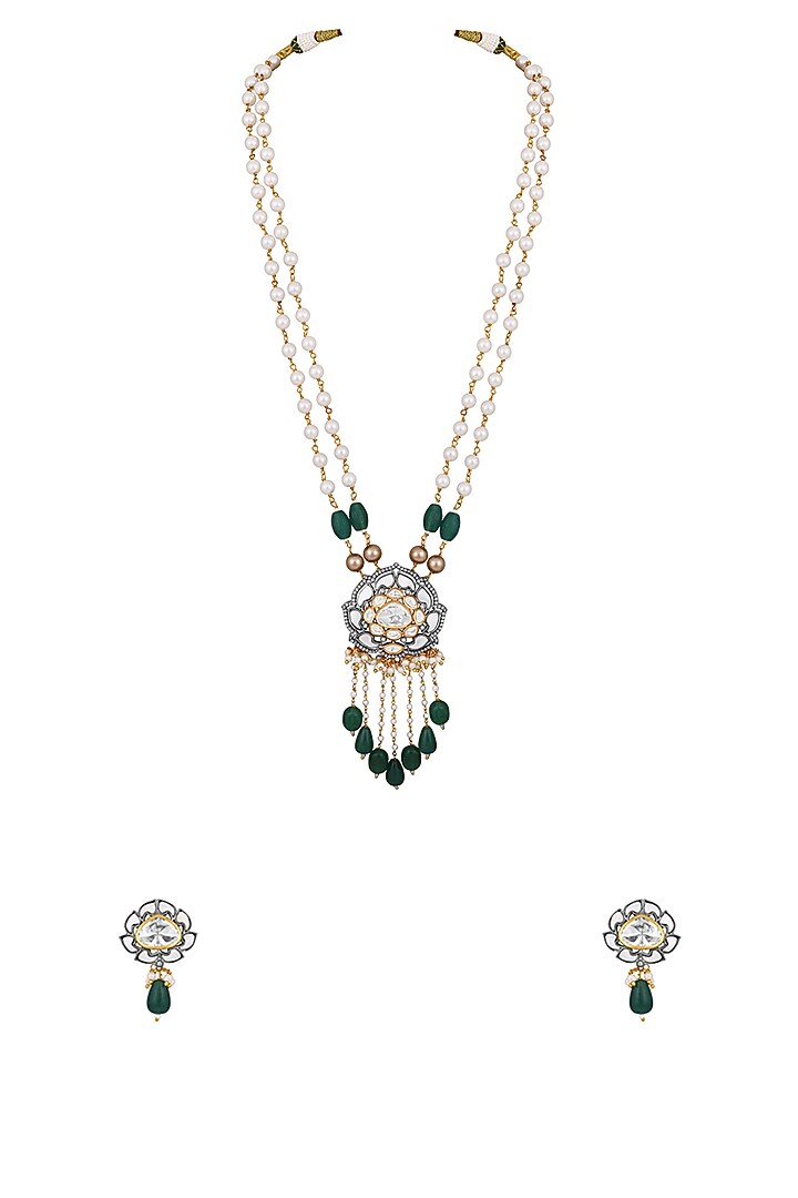 Two-Tone Finish Kundan Polki & Agate Long Necklace Set by Hrisha Jewels at Pernia's Pop Up Shop