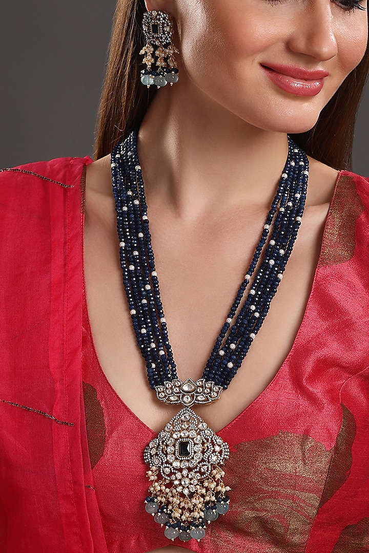 Two-Tone Finish Kundan Polki & Agate Long Necklace Set by Hrisha Jewels