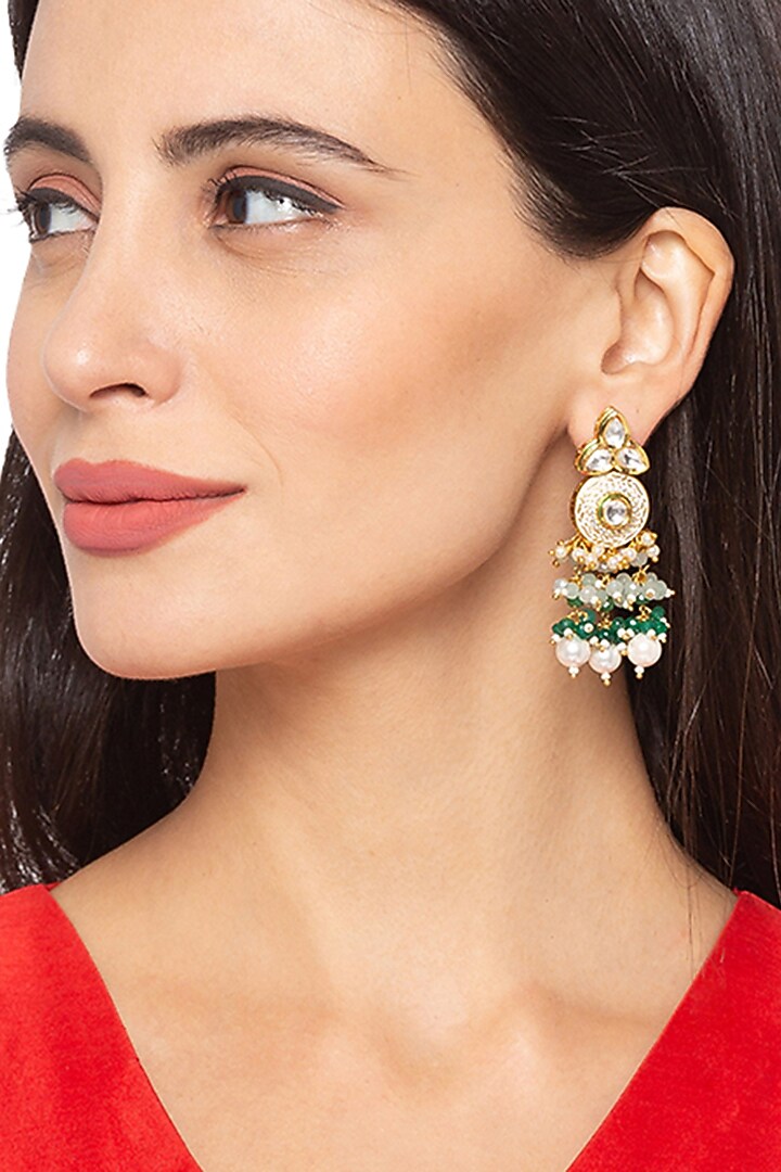 Gold Finish Pearls & Polki Earrings by Hrisha Jewels at Pernia's Pop Up Shop