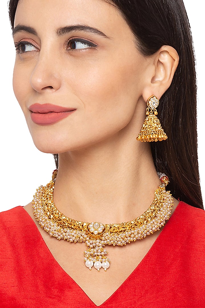 Gold Finish Choker Necklace Set by Hrisha Jewels