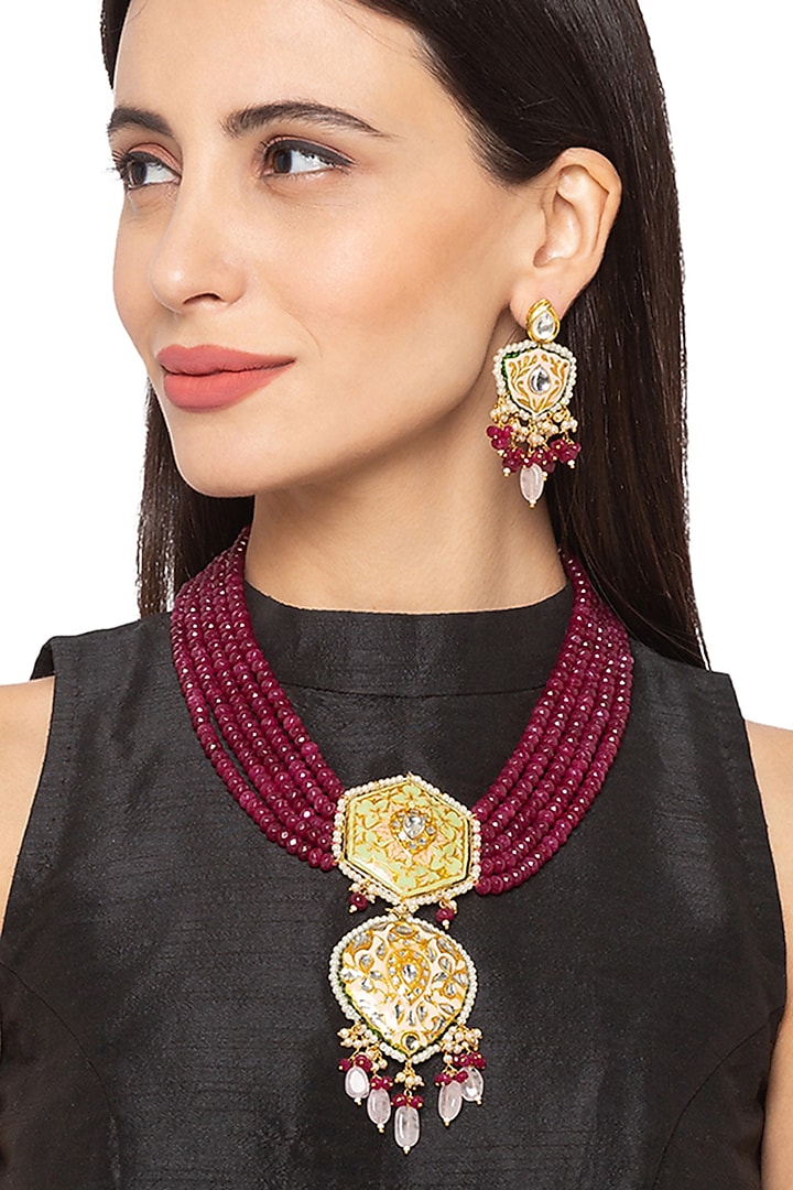 Gold Finish Short Necklace Set by Hrisha Jewels