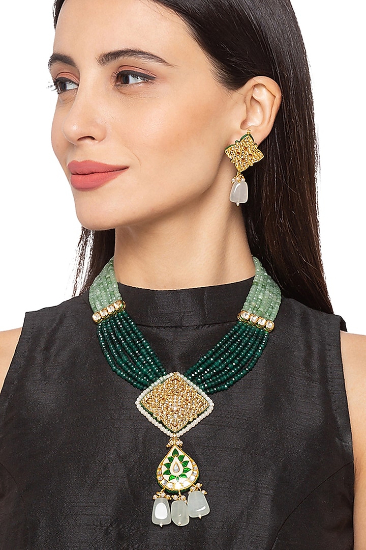 Gold Finish Pearl Necklace Set by Hrisha Jewels