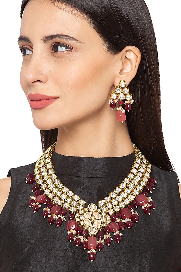 Gold Finish Kundan Choker Necklace Set by Hrisha Jewels