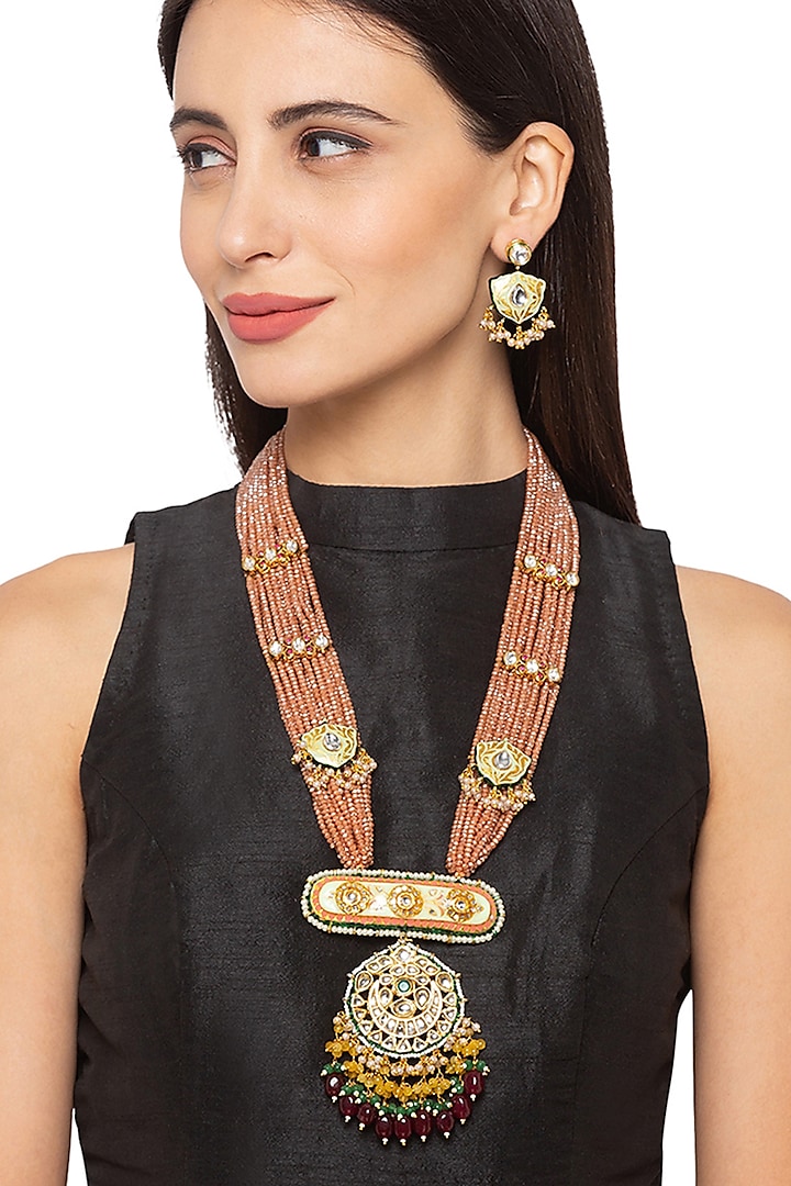 Gold Finish Kundan & Bead Necklace Set by Hrisha Jewels