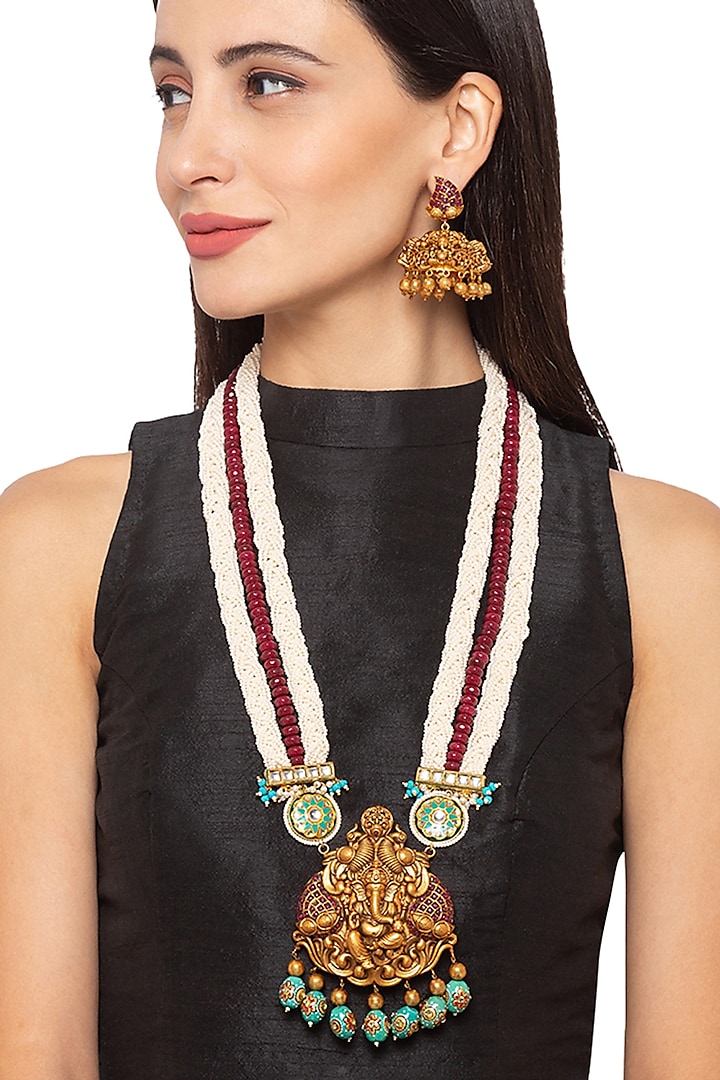 Gold Finish Bead & Kundan Necklace Set by Hrisha Jewels