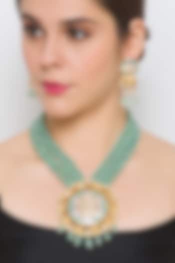 Gold Finish Agate & Kundan Polki Handcrafted Necklace Set by Hrisha Jewels at Pernia's Pop Up Shop