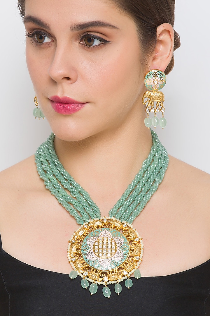 Gold Finish Agate & Kundan Polki Handcrafted Necklace Set by Hrisha Jewels at Pernia's Pop Up Shop