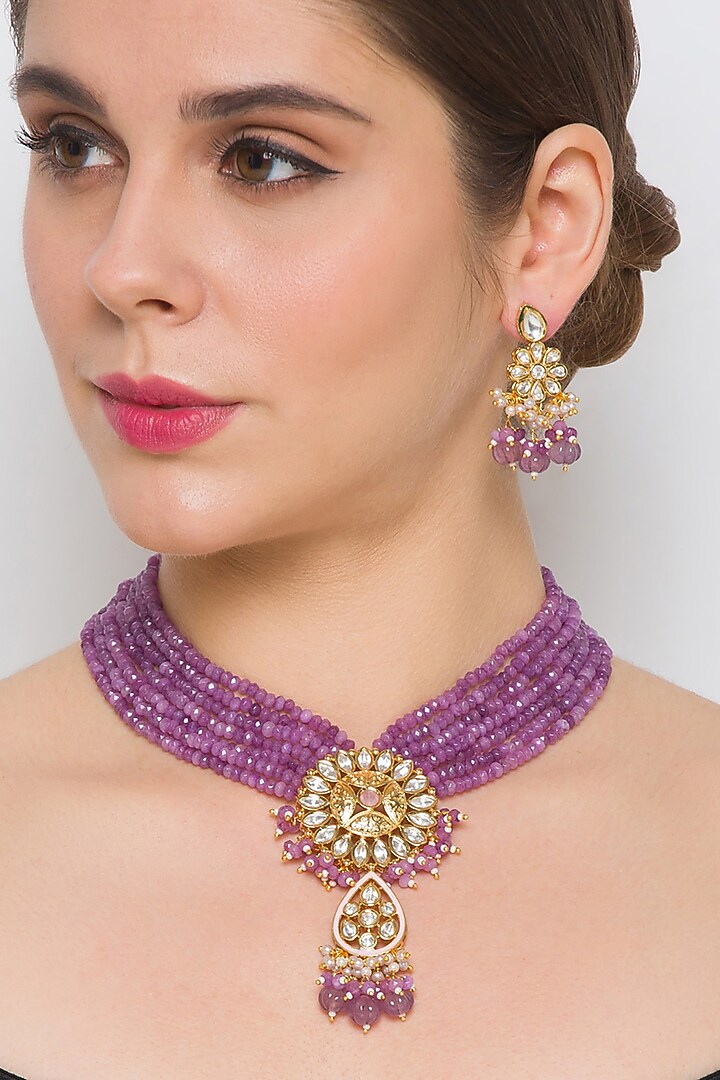 Gold Finish Handcrafted Necklace Set With Agate by Hrisha Jewels at Pernia's Pop Up Shop