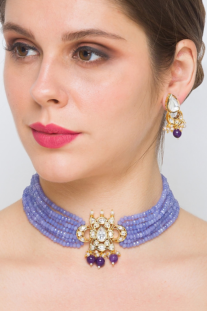 Gold Finish Onyx Choker Necklace Set In Brass by Hrisha Jewels