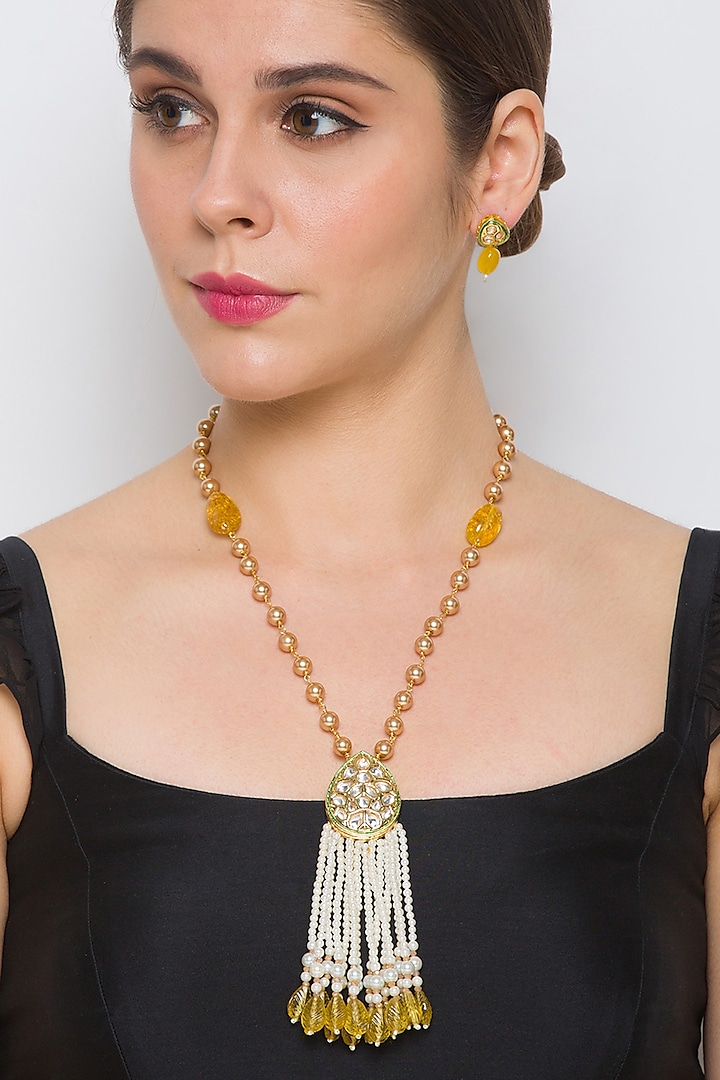 Gold Finish Agate Long Necklace Set In Brass by Hrisha Jewels