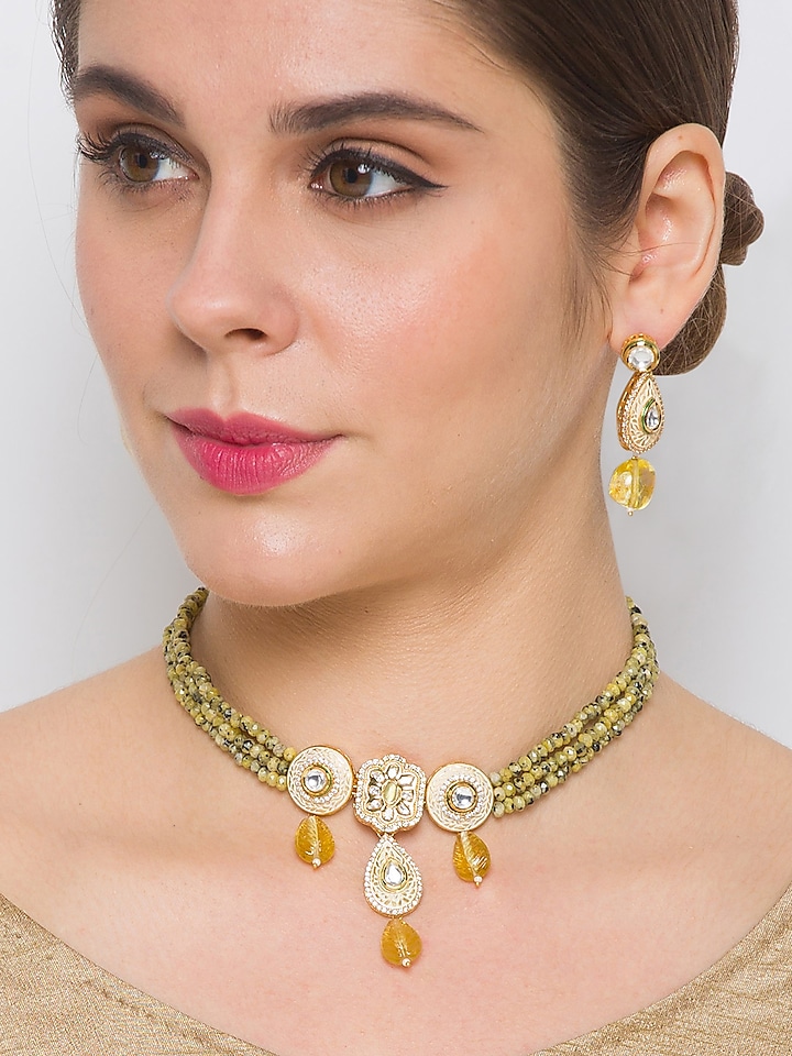 Gold Finish Agate Choker Necklace Set In Brass by Hrisha Jewels