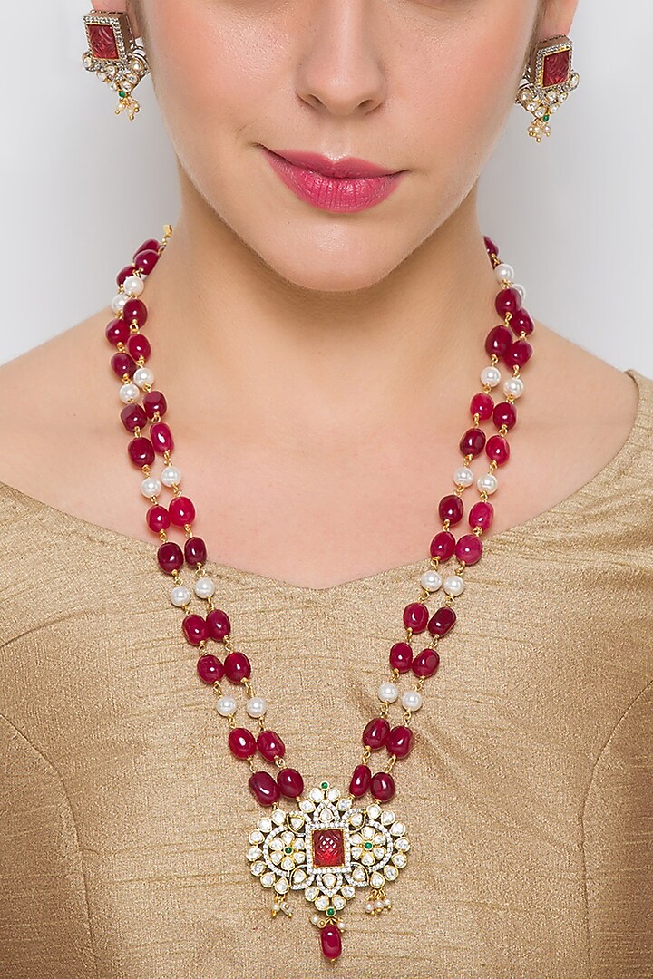 Gold Finish Handcrafted Agate Long Necklace Set by Hrisha Jewels