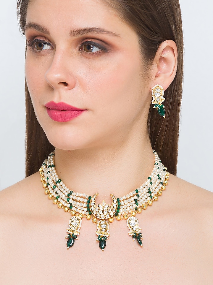 Gold Finish Handcrafted Shell Pearl Choker Necklace Set by Hrisha Jewels