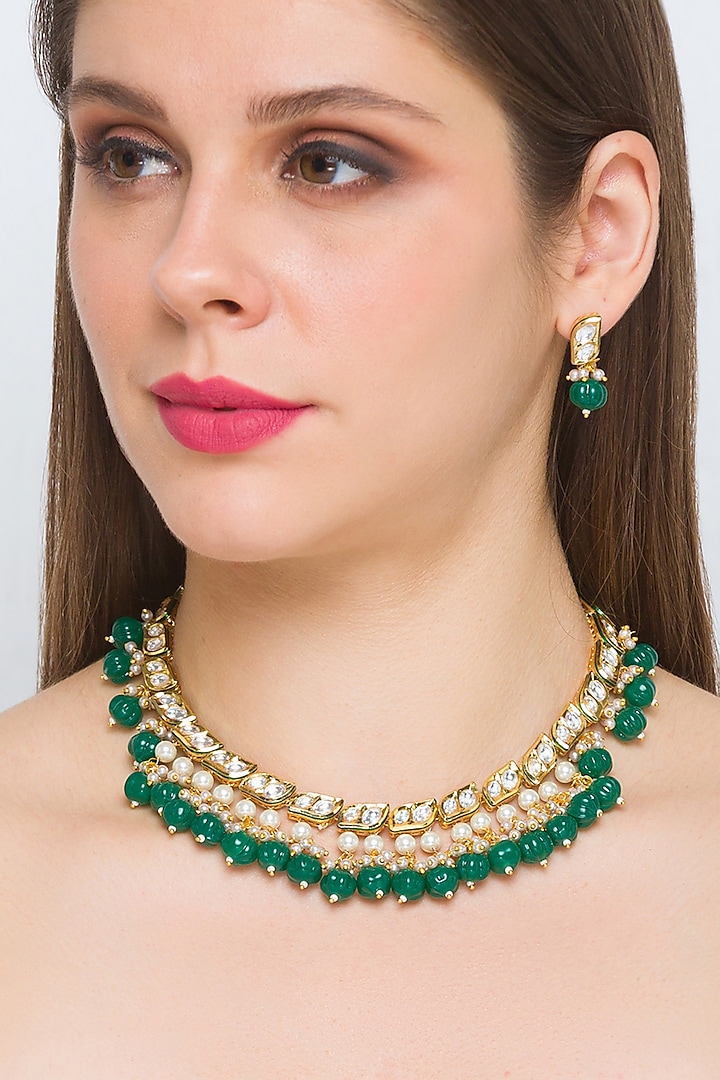 Gold Finish Handcrafted Agate Choker Necklace Set by Hrisha Jewels