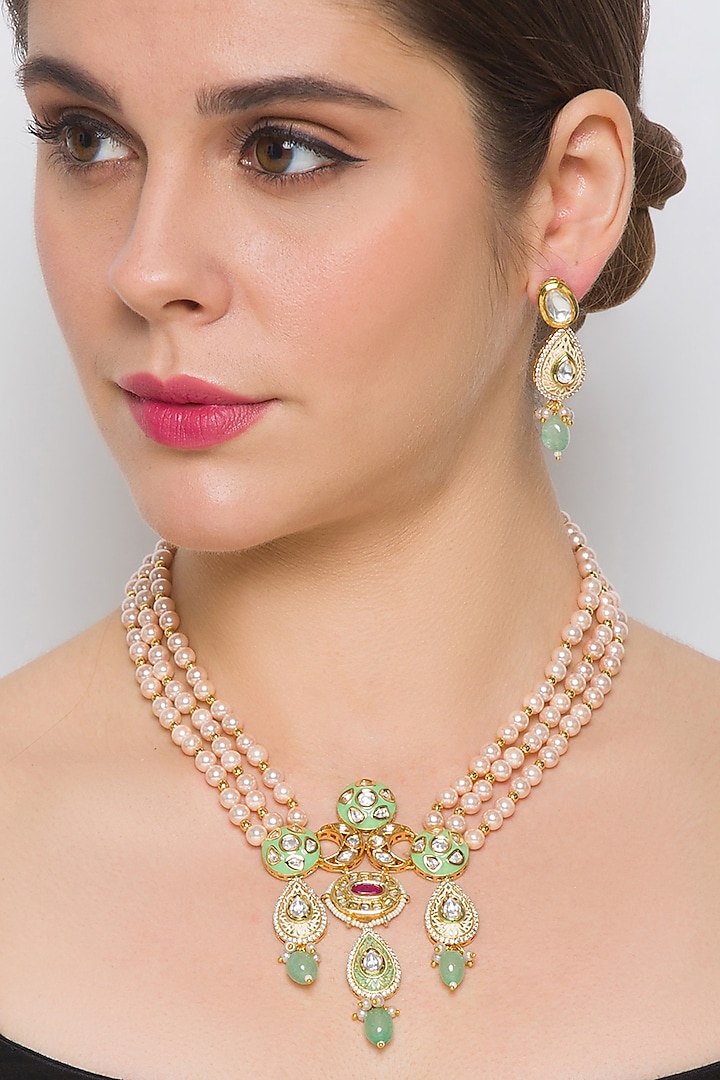 Gold Finish Handcrafted Agate & Kundan Polki Necklace Set by Hrisha Jewels