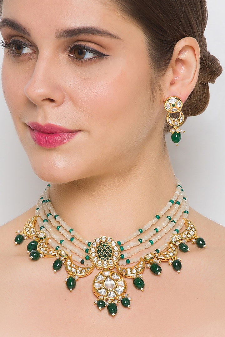 Gold Finish Handcrafted Kundan Polki Choker Necklace Set by Hrisha Jewels