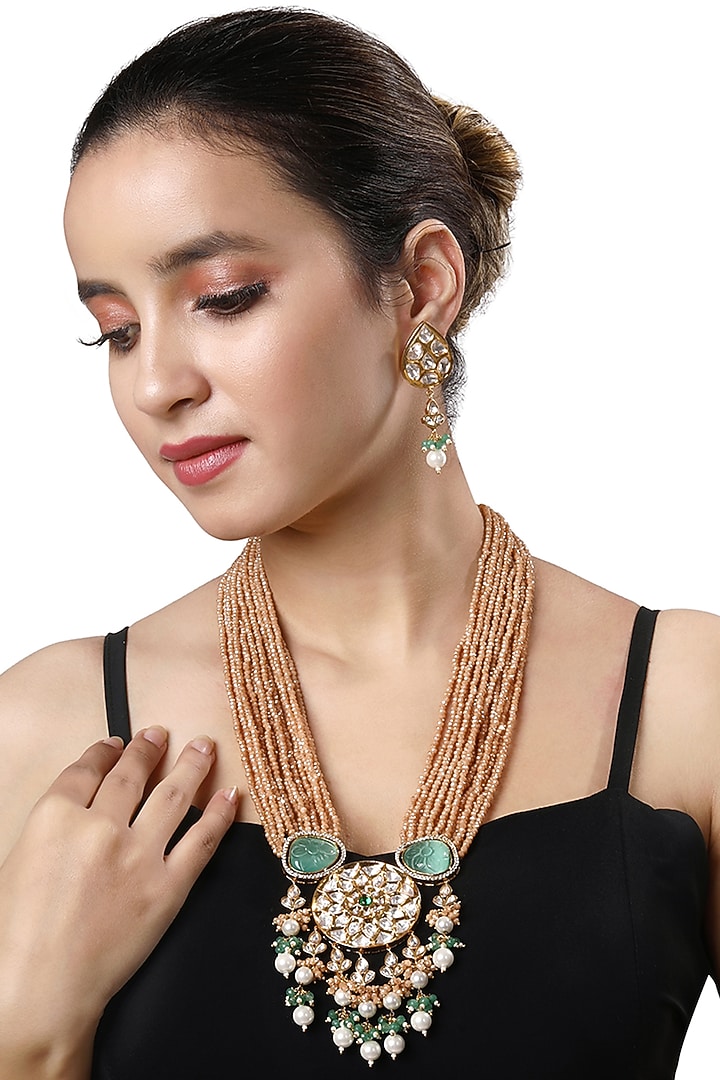 Micro Gold Finish Kundan Polki & Onyx Long Necklace Set by Hrisha Jewels at Pernia's Pop Up Shop