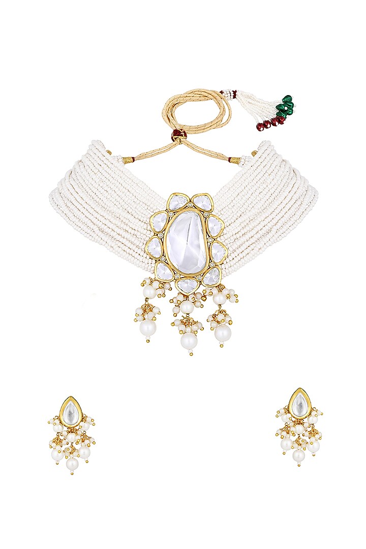 Micro Gold Finish Kundan Polki & Agate Choker Necklace Set by Hrisha Jewels at Pernia's Pop Up Shop