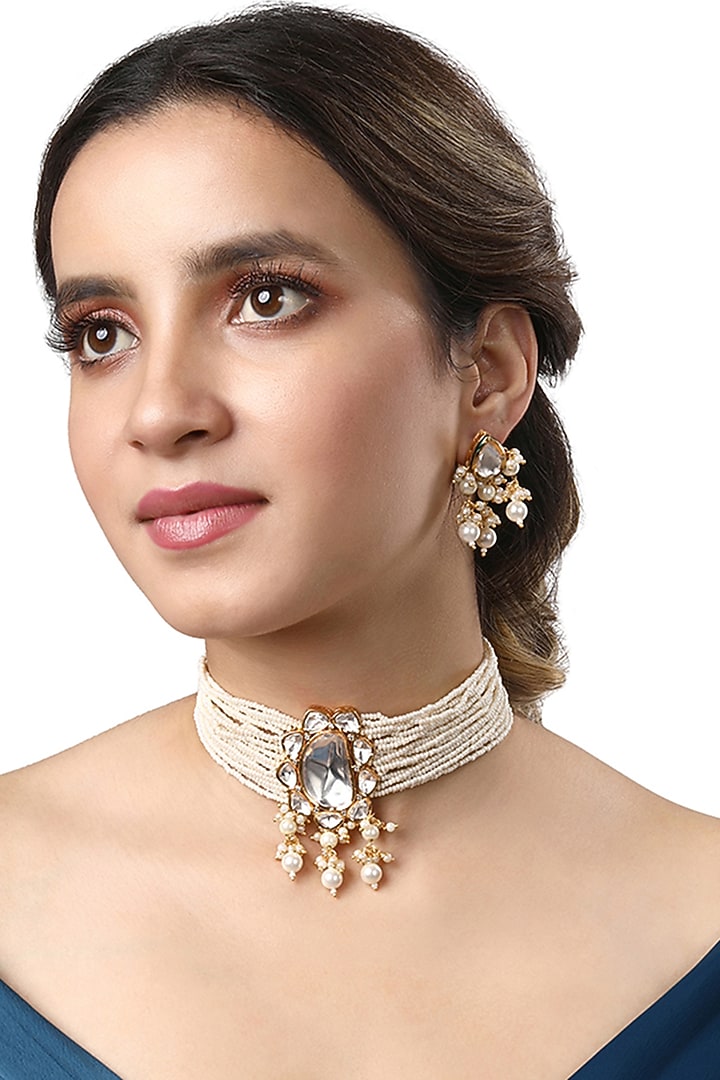 Micro Gold Finish Kundan Polki & Agate Choker Necklace Set by Hrisha Jewels at Pernia's Pop Up Shop