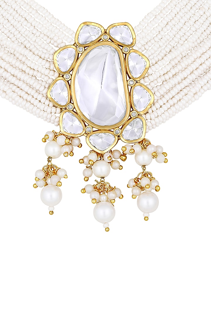Micro Gold Finish Kundan Polki & Agate Choker Necklace Set by Hrisha Jewels at Pernia's Pop Up Shop
