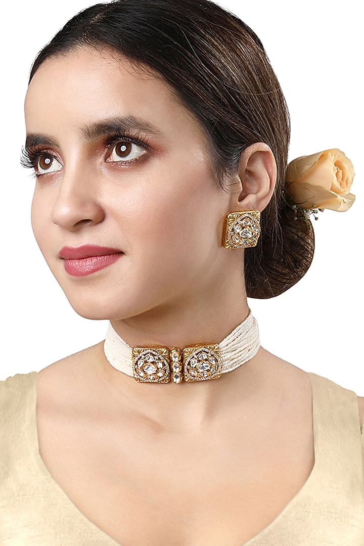 Two-Tone Finish Kundan Polki Choker Necklace Set by Hrisha Jewels at Pernia's Pop Up Shop