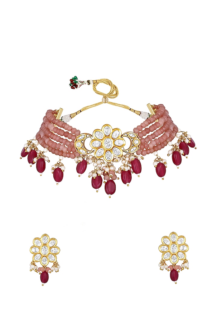 Micro Gold Finish Agate Choker Necklace Set by Hrisha Jewels at Pernia's Pop Up Shop