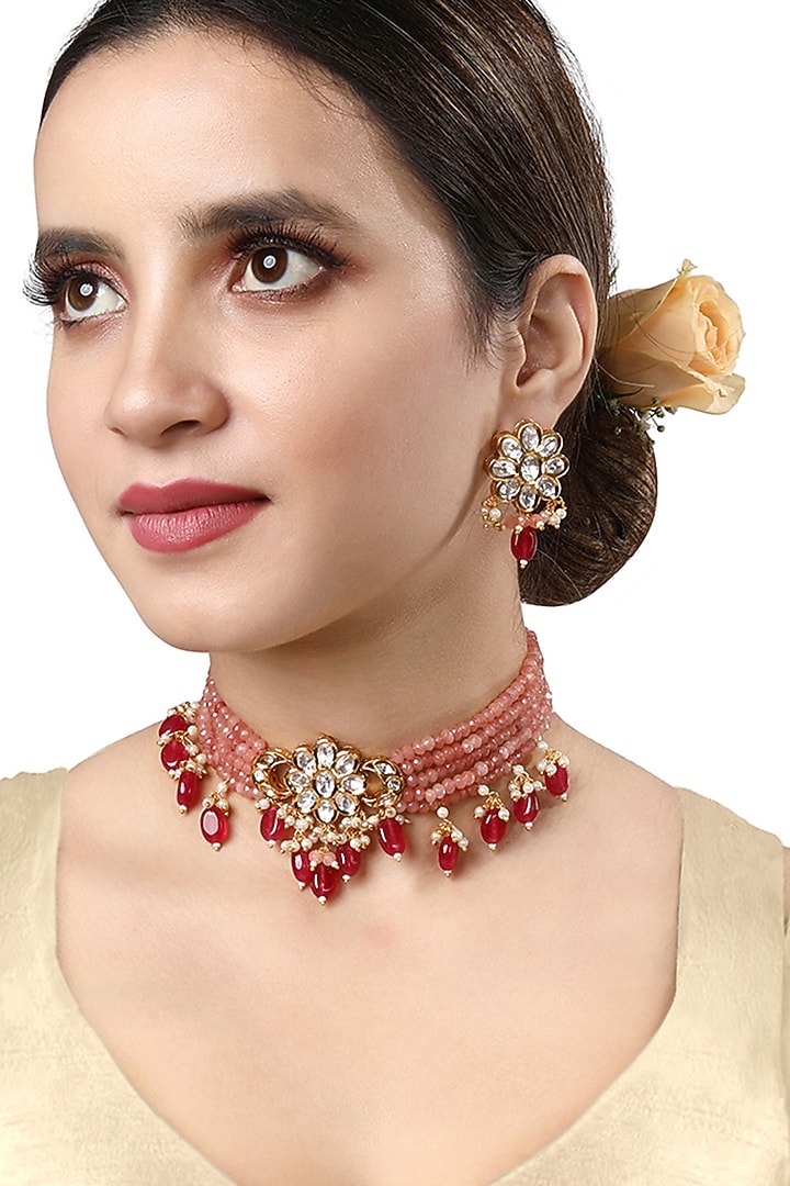 Micro Gold Finish Agate Choker Necklace Set by Hrisha Jewels at Pernia's Pop Up Shop