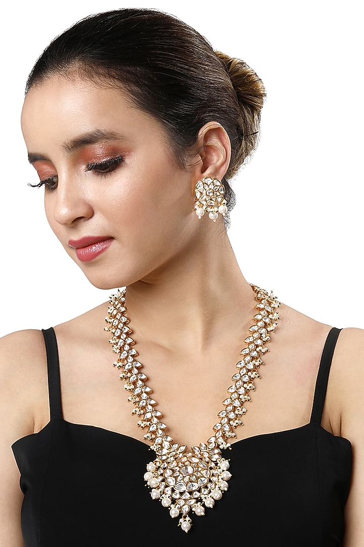 Micro Gold Finish Kundan Polki & Agate Long Necklace Set by Hrisha Jewels at Pernia's Pop Up Shop